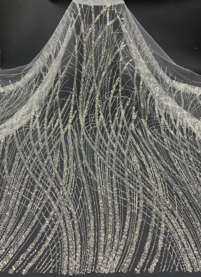 5 YARDS / Alexandria BEIGE Embroidered Geometric Sequin Dress Mesh Lace Party Prom Bridal Dress Fabric