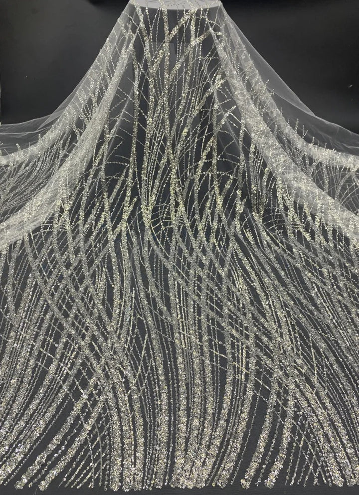 5 YARDS / Alexandria BEIGE Embroidered Geometric Sequin Dress Mesh Lace Party Prom Bridal Dress Fabric