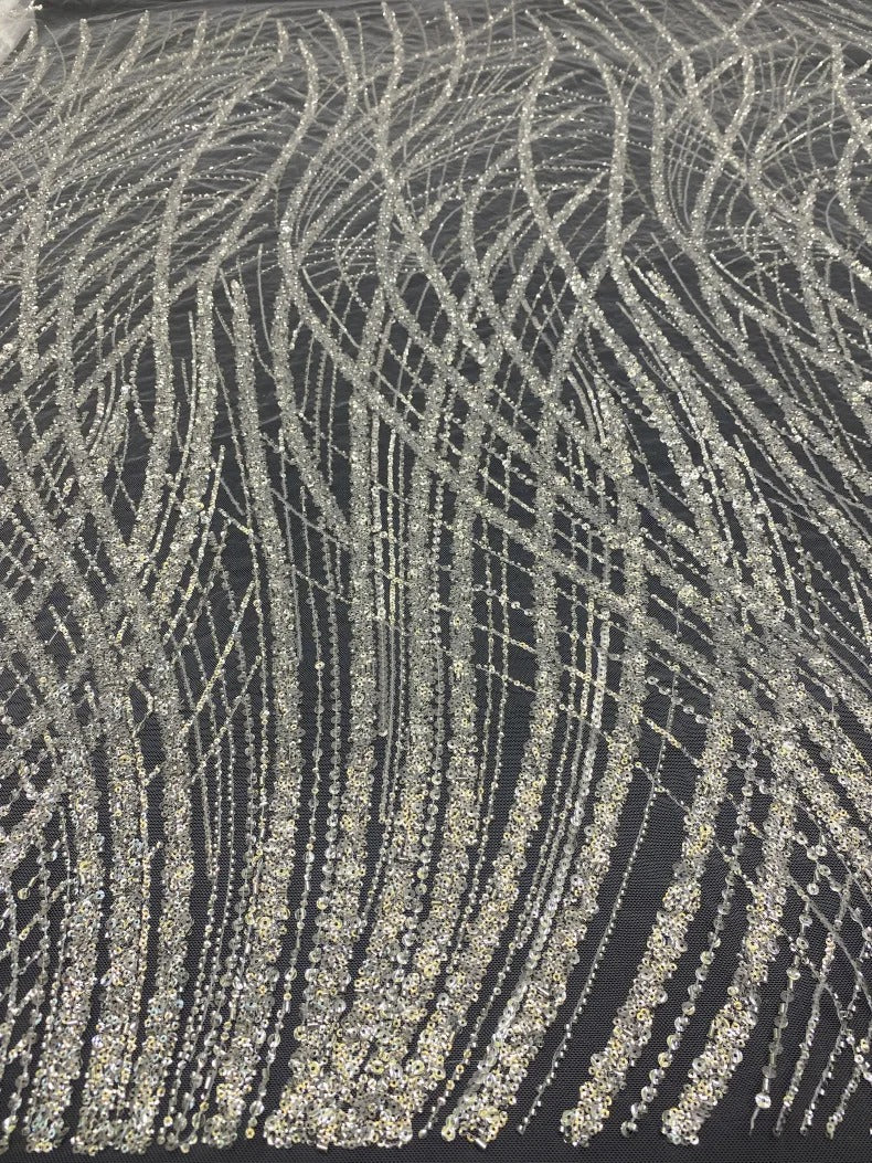 5 YARDS / Alexandria BEIGE Embroidered Geometric Sequin Dress Mesh Lace Party Prom Bridal Dress Fabric