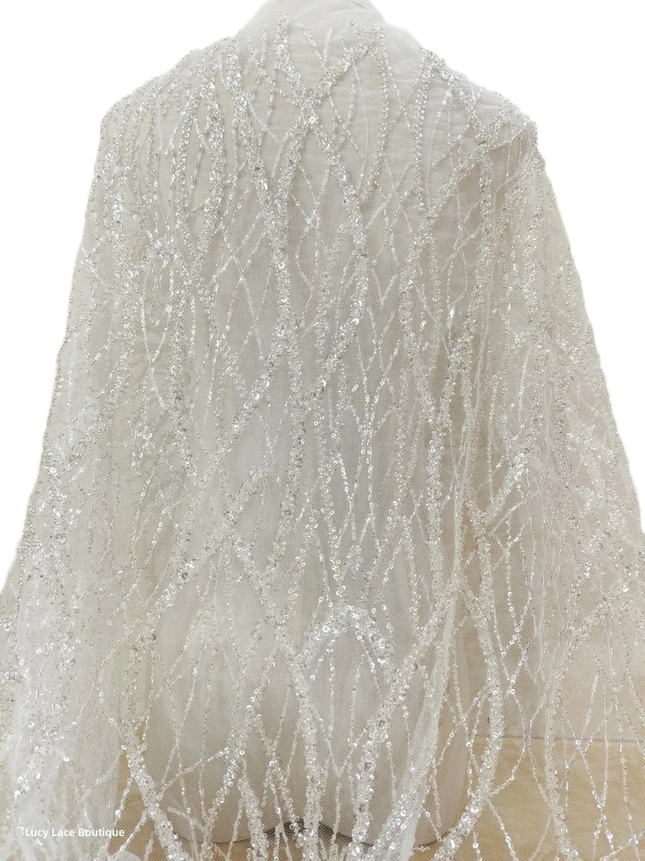 5 YARDS / Holison Floral Sequin Beaded Embroidery Tulle Mesh Lace Dress Fabric