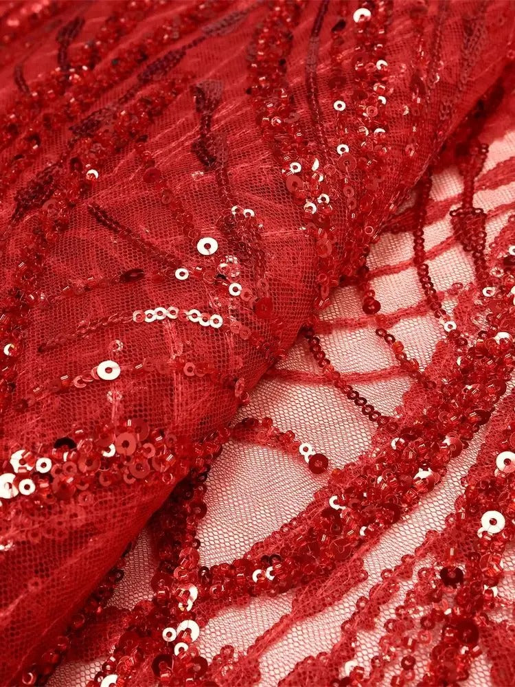 5 YARDS / ves Red Glitter Red Mesh Sequin Embroidery Lace Party Prom   Classic Modern Fabrics
