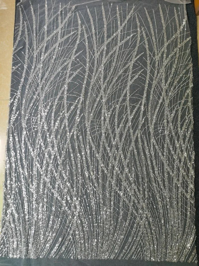 5 YARDS / Alexandria BEIGE Embroidered Geometric Sequin Dress Mesh Lace Party Prom Bridal Dress Fabric