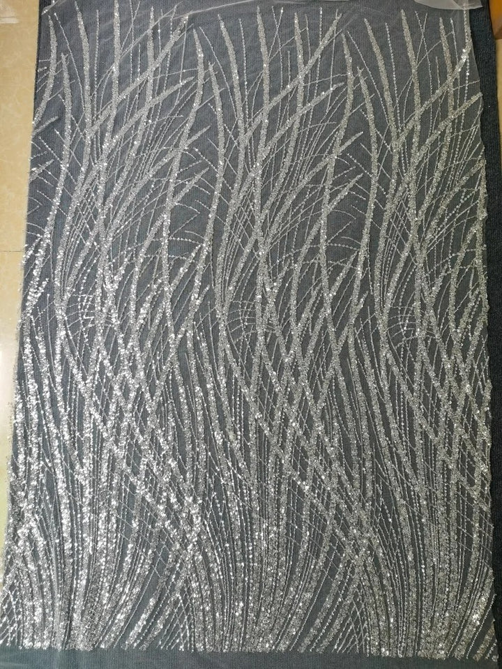 5 YARDS / Alexandria BEIGE Embroidered Geometric Sequin Dress Mesh Lace Party Prom Bridal Dress Fabric