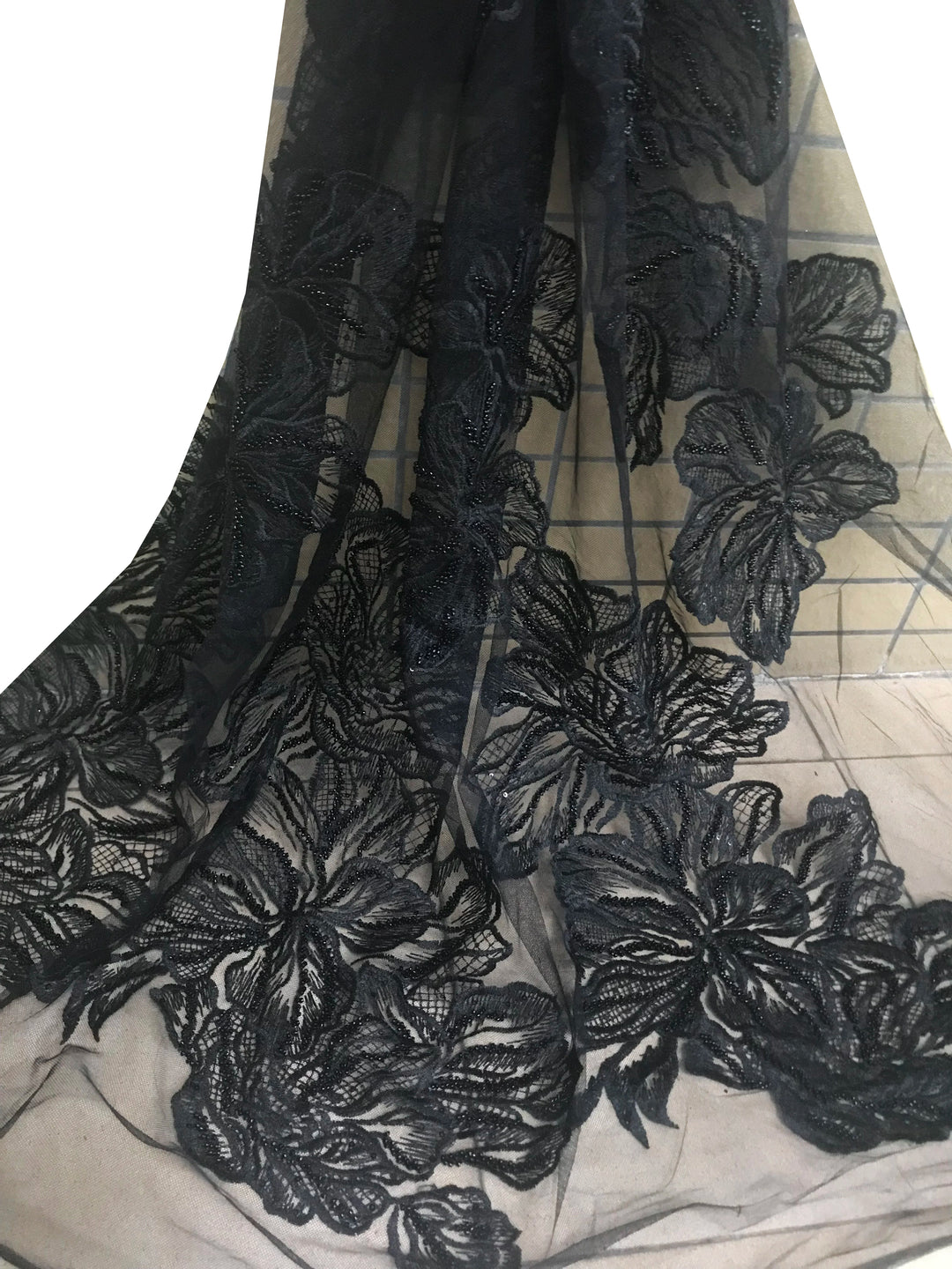 5 YARDS / Simone Black Rose Floral Glitter Sequin Beaded Embroidery Tulle Mesh Lace Party Prom Bridal Dress Fabric