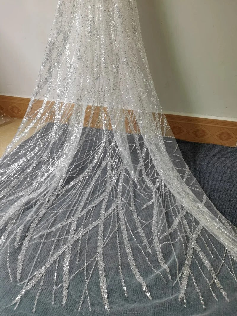 5 YARDS / Alexandria BEIGE Embroidered Geometric Sequin Dress Mesh Lace Party Prom Bridal Dress Fabric