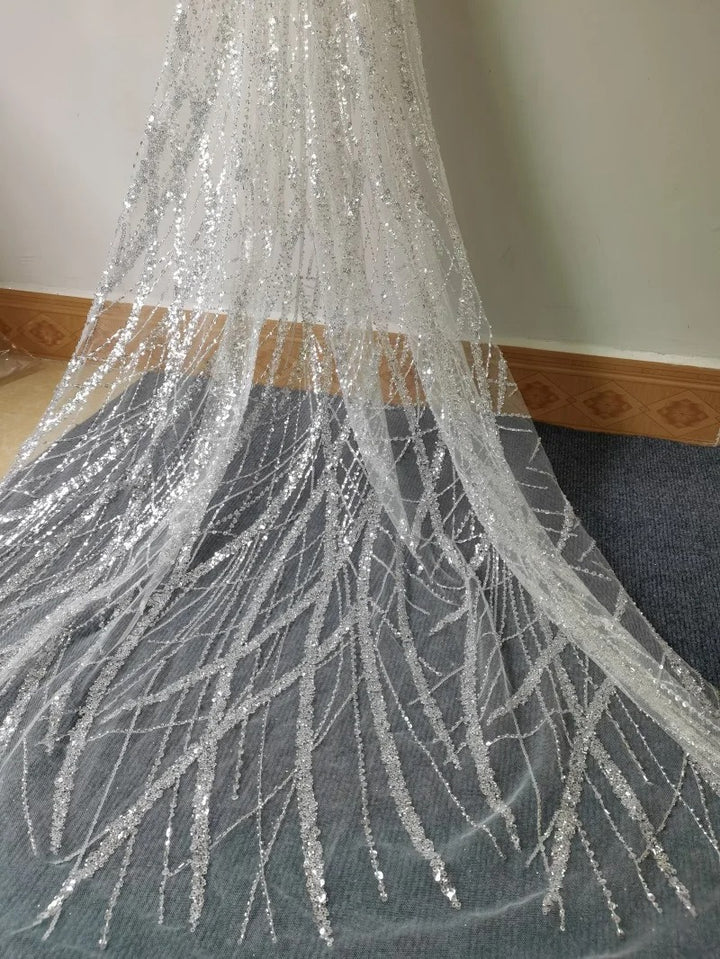 5 YARDS / Alexandria BEIGE Embroidered Geometric Sequin Dress Mesh Lace Party Prom Bridal Dress Fabric