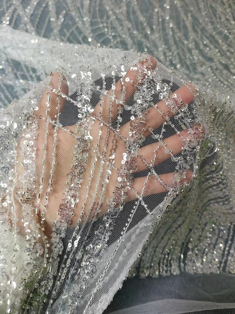 5 YARDS / Alexandria BEIGE Embroidered Geometric Sequin Dress Mesh Lace Party Prom Bridal Dress Fabric