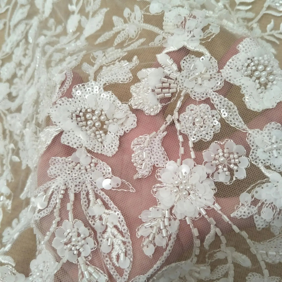 5 YARDS / Belaroel Floral Sequin Beaded Embroidery Tulle Mesh Lace Dress Fabric