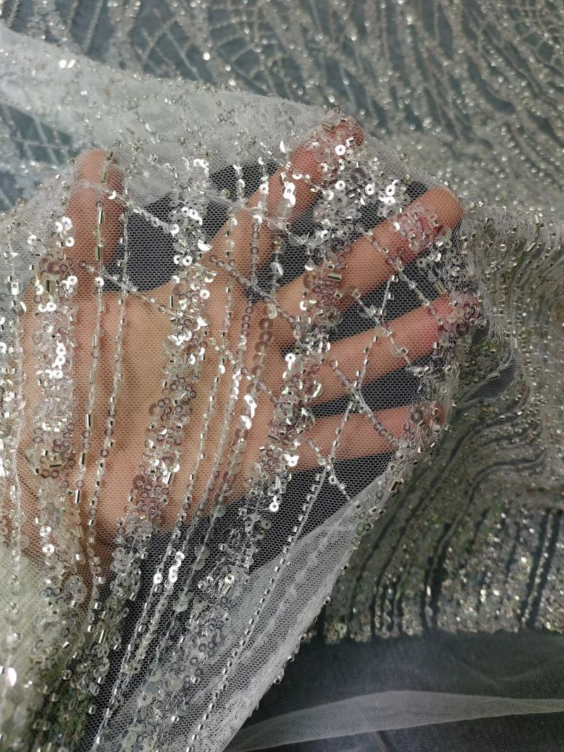 5 YARDS / Alexandria BEIGE Embroidered Geometric Sequin Dress Mesh Lace Party Prom Bridal Dress Fabric