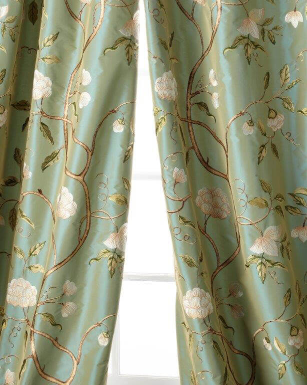 LEMAN Blue Green Seafoam Floral Embroidered Faux Silk Lined Rod Pocket Ready Made Curtain Drapery Panel - Sold Separately