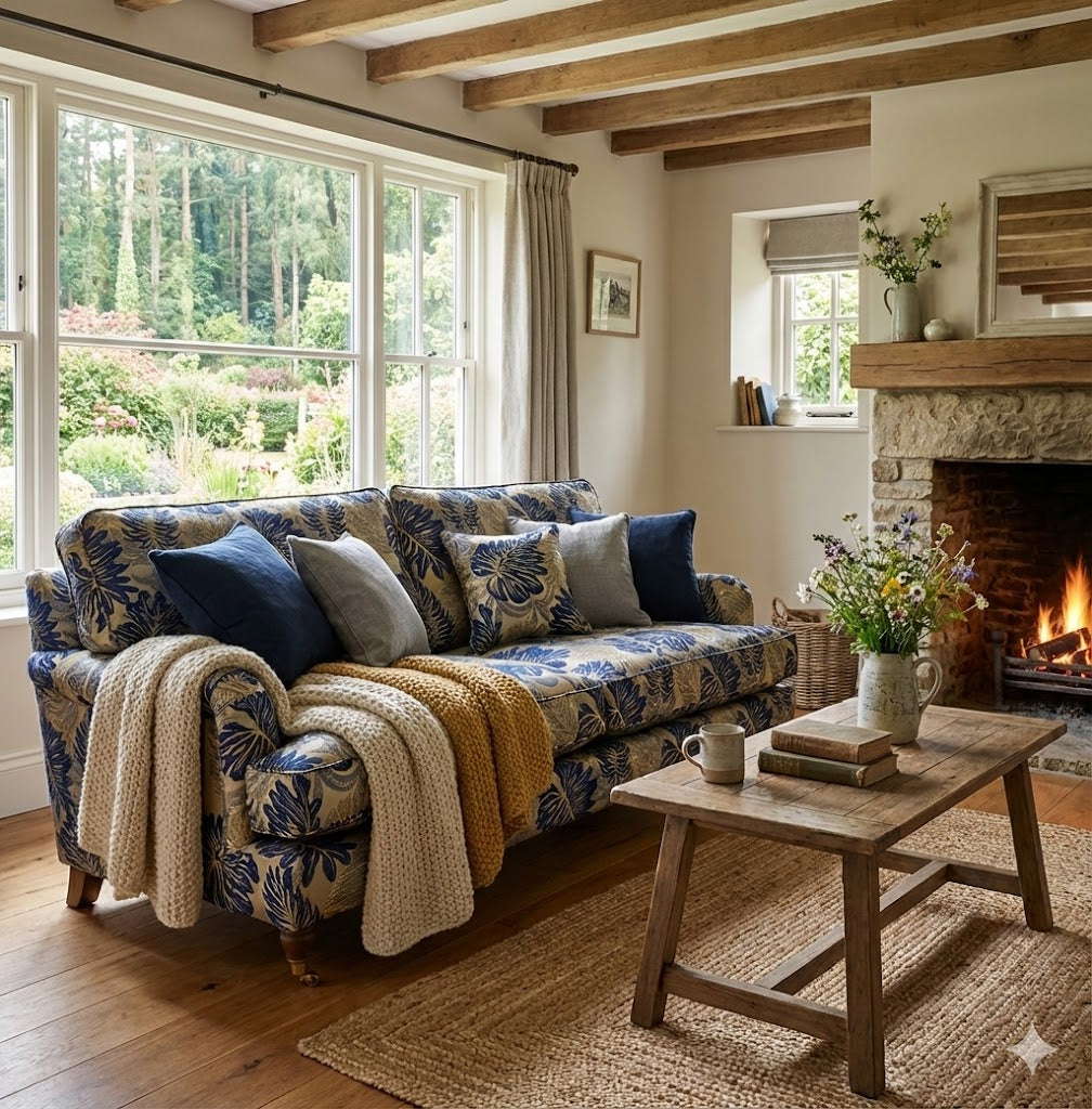 108" Wide LUNA Navy Blue Gold Large Floral Design Jacquard Fabric