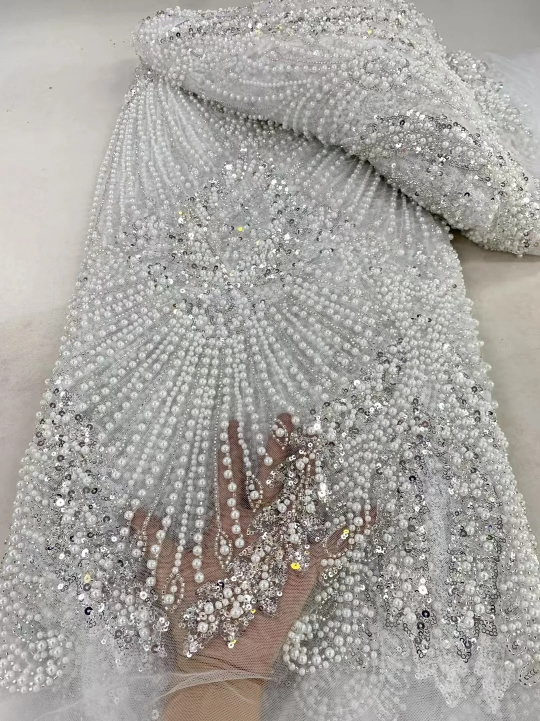 5 YARDS / 6 COLORS / IAKOB Sequin Beaded Embroidery Glitter Mesh Dress Lace Fabric