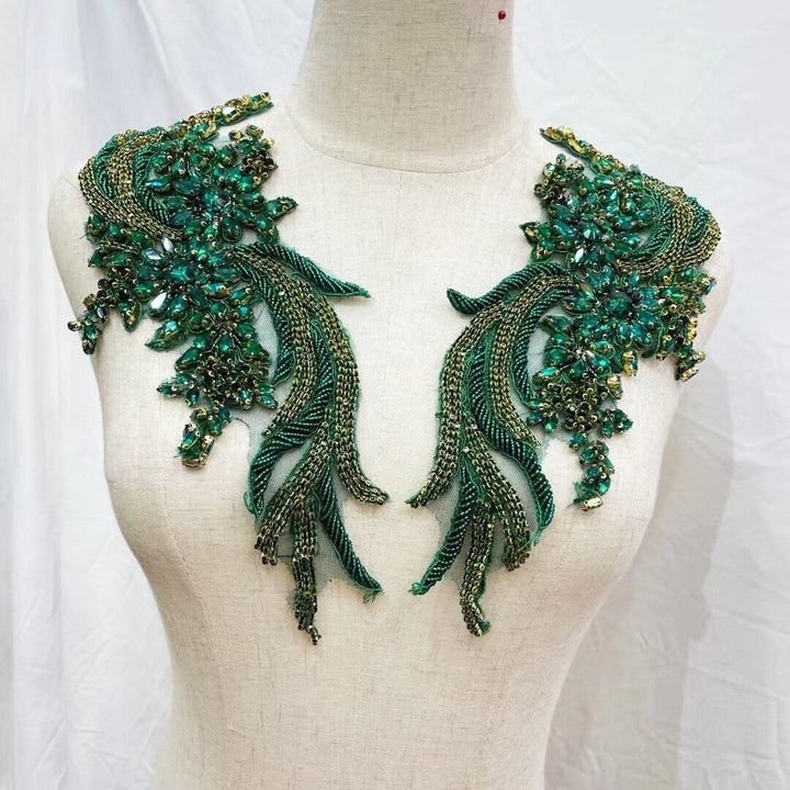 Green Bridal Wedding Party Rhinestone Beaded Glitter Full Body Shoulder Applique - Classic Modern Fabrics