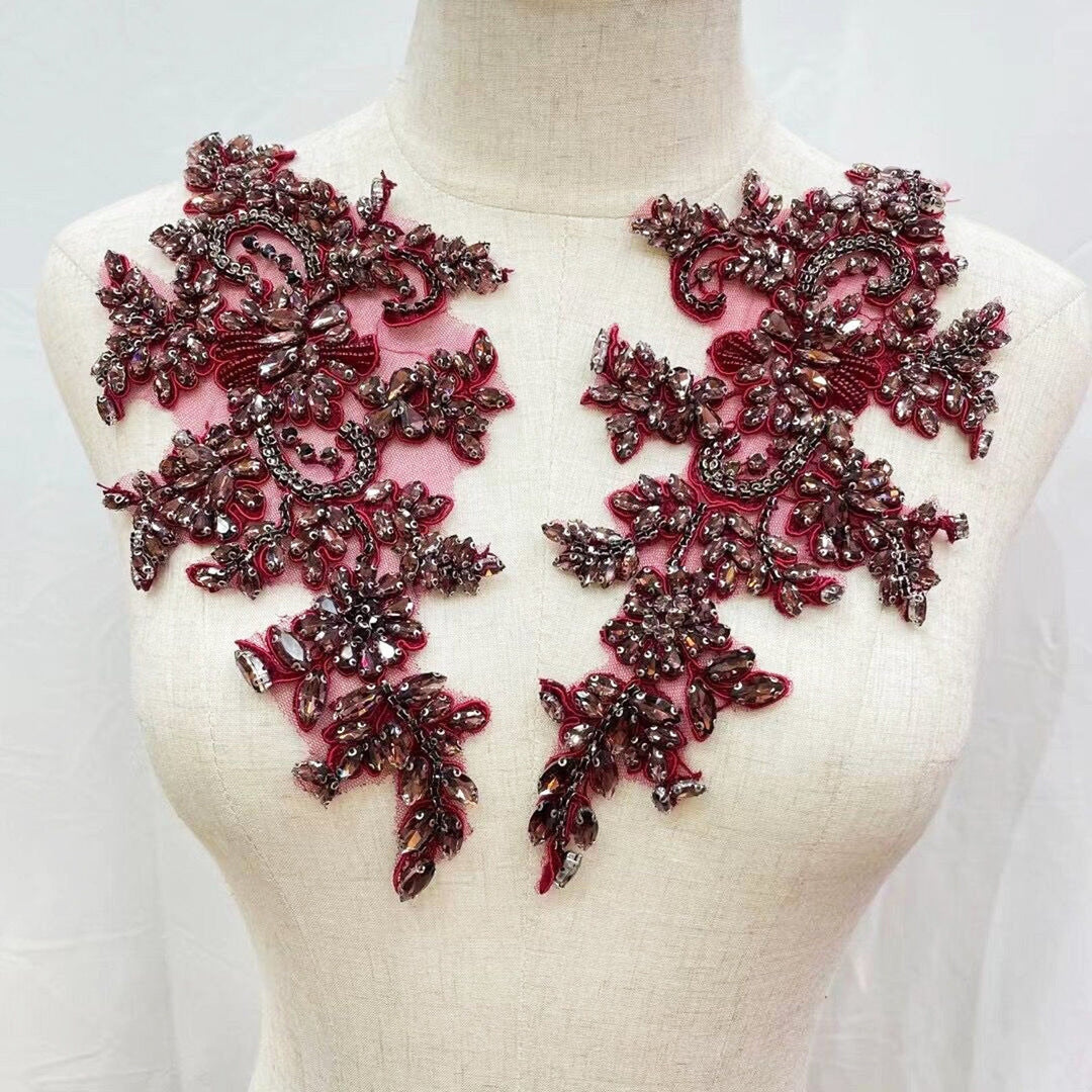Red Burgundy Bridal Wedding Party Rhinestone Beaded Glitter Full Body Applique - Classic Modern Fabrics