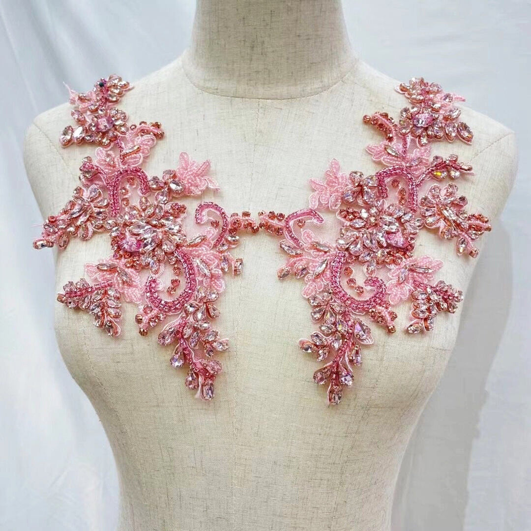 Pink Bridal Wedding Party Rhinestone Beaded Glitter Full Body Applique - Classic Modern Fabrics