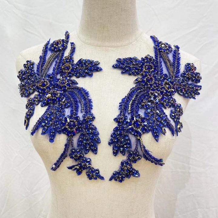 Blue Bridal Wedding Party Rhinestone Beaded Glitter Full Body Shoulder Applique - Classic Modern Fabrics