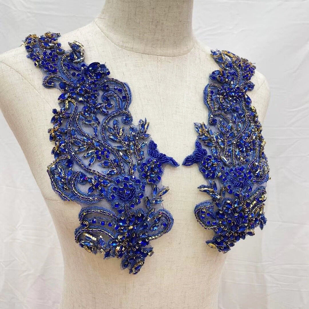 Blue Bridal Wedding Party Rhinestone Beaded Glitter Full Body Applique - Classic Modern Fabrics