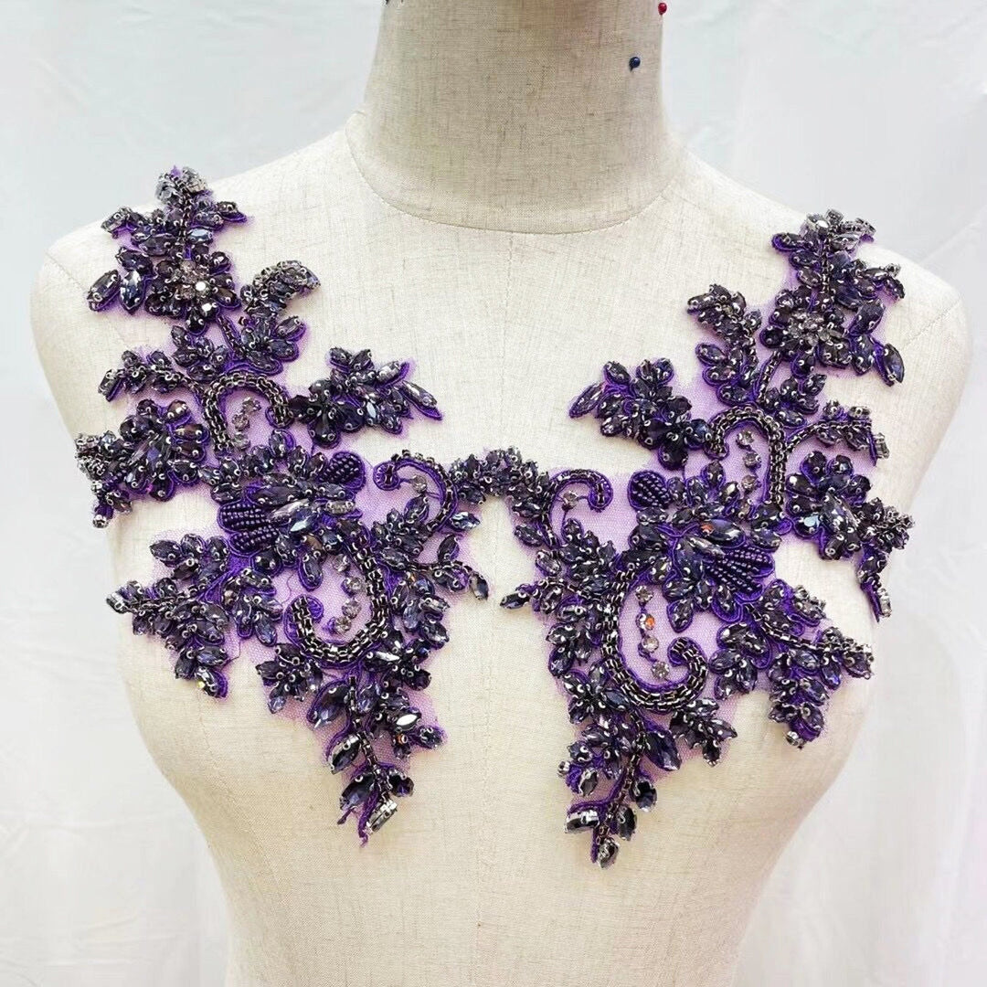 Purple Bridal Wedding Party Rhinestone Beaded Glitter Full Body Shoulder Applique - Classic Modern Fabrics