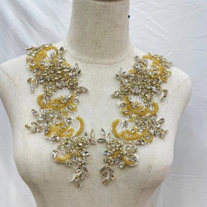 Gold Silver Bridal Wedding Party Rhinestone Beaded Glitter Full Body Shoulder Applique - Classic Modern Fabrics
