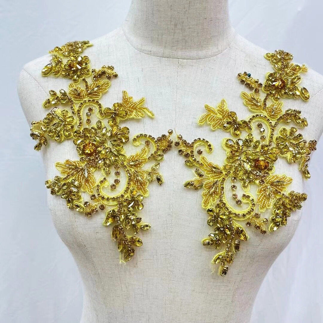 Yellow Gold Bridal Wedding Party Rhinestone Beaded Glitter Full Body Shoulder Applique - Classic Modern Fabrics