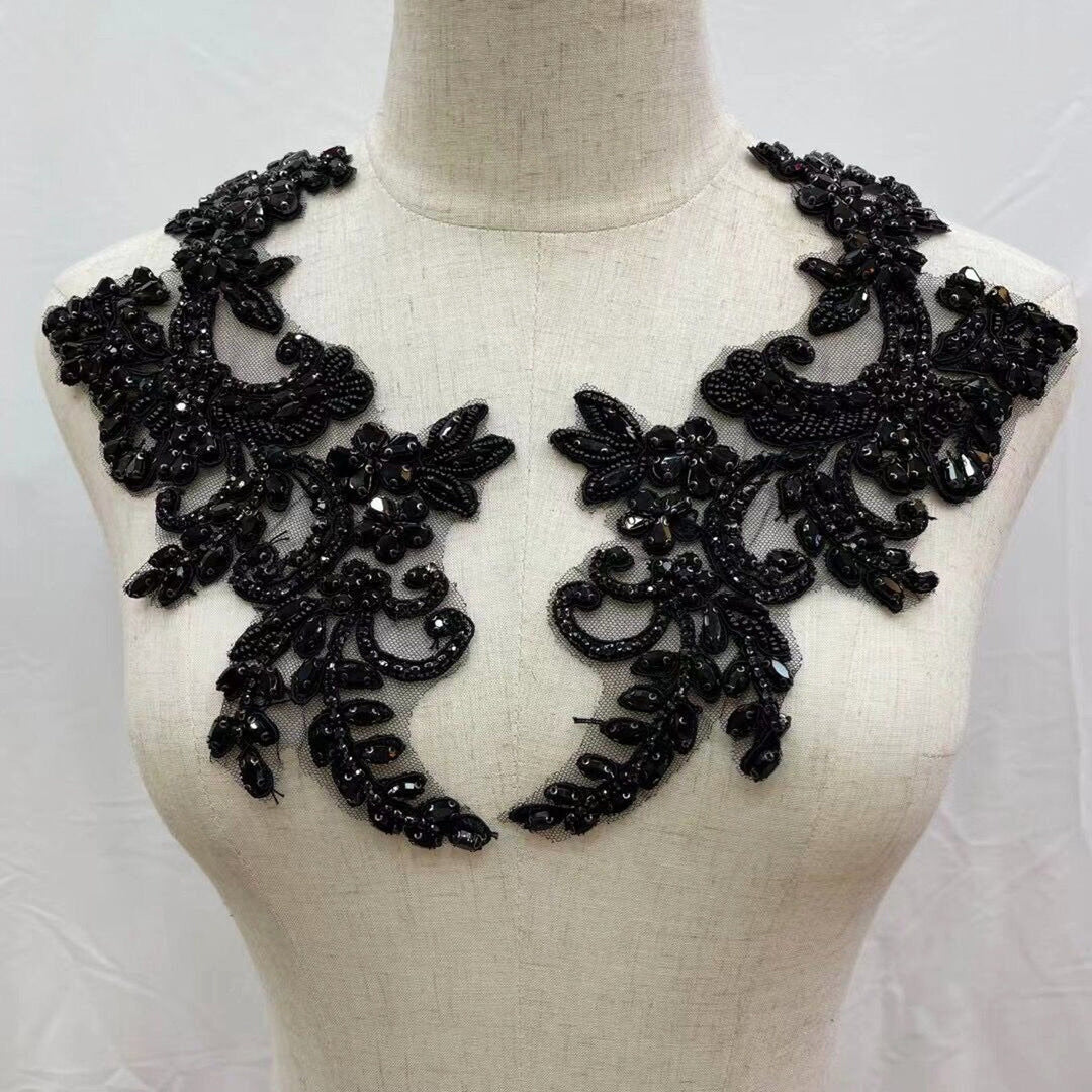 Black Bridal Wedding Party Rhinestone Beaded Glitter Full Body Shoulder Applique - Classic Modern Fabrics