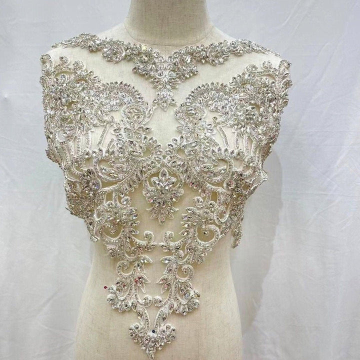 Silver ClearBridal Wedding Party Rhinestone Beaded Glitter Full Body Applique - Classic Modern Fabrics