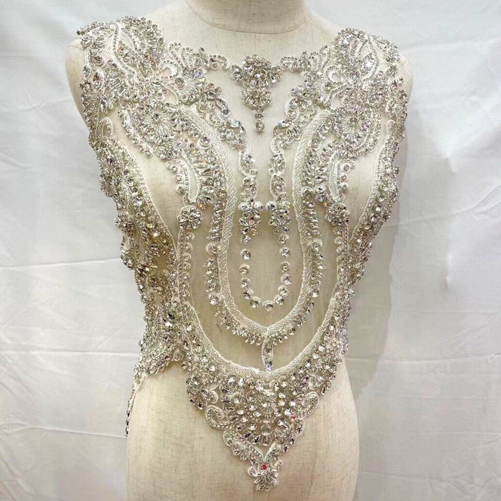 Silver Clear Bridal Wedding Party Rhinestone Beaded Glitter Full Body Applique - Classic Modern Fabrics