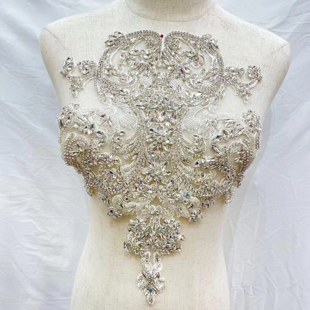 Silver ClearBridal Wedding Party Rhinestone Beaded Glitter Full Body Applique - Classic Modern Fabrics