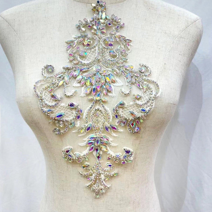 Silver Clear Bridal Wedding Party Rhinestone Beaded Glitter Full Body Applique - Classic Modern Fabrics