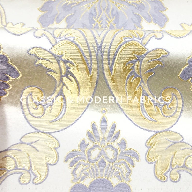 110" Wide Blue Gold Royal Floral Damask Jacquard Fabric