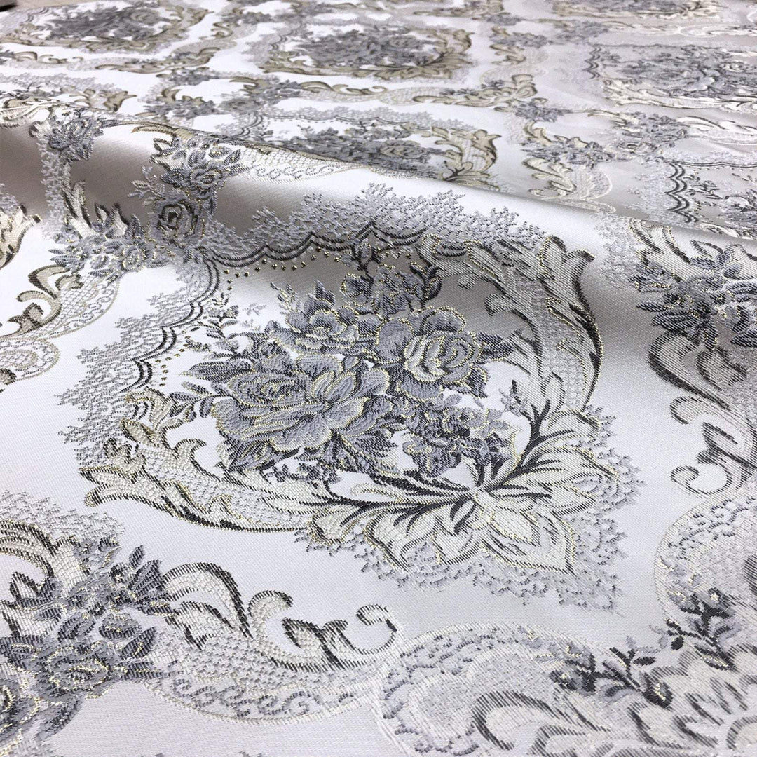 110" Wide Gray and Gold Soft Sheen Royal Floral Damask Jacquard Fabric - Classic Modern Fabrics