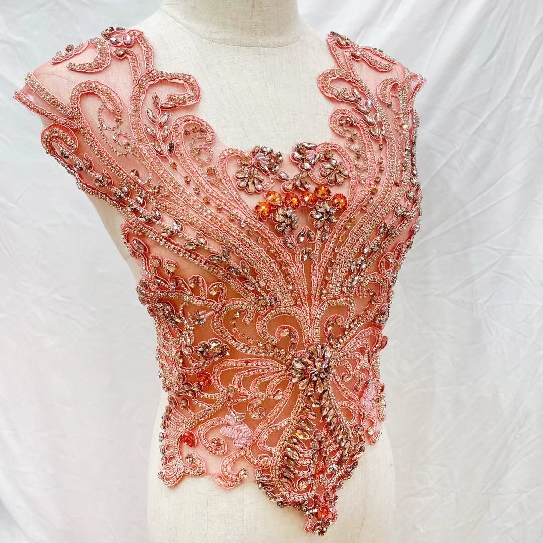 Red Orange Bridal Wedding Party Rhinestone Beaded Glitter Full Body Applique - Classic Modern Fabrics