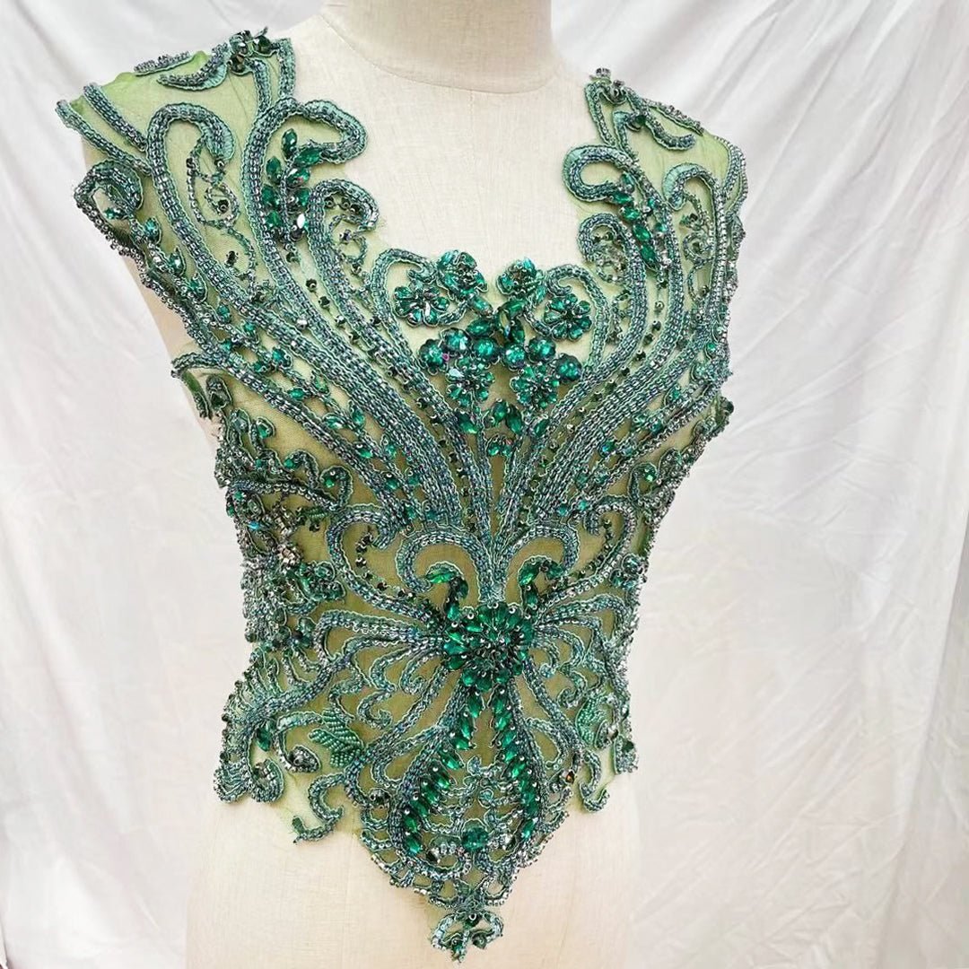Green Bridal Wedding Party Rhinestone Beaded Glitter Full Body Applique - Classic Modern Fabrics
