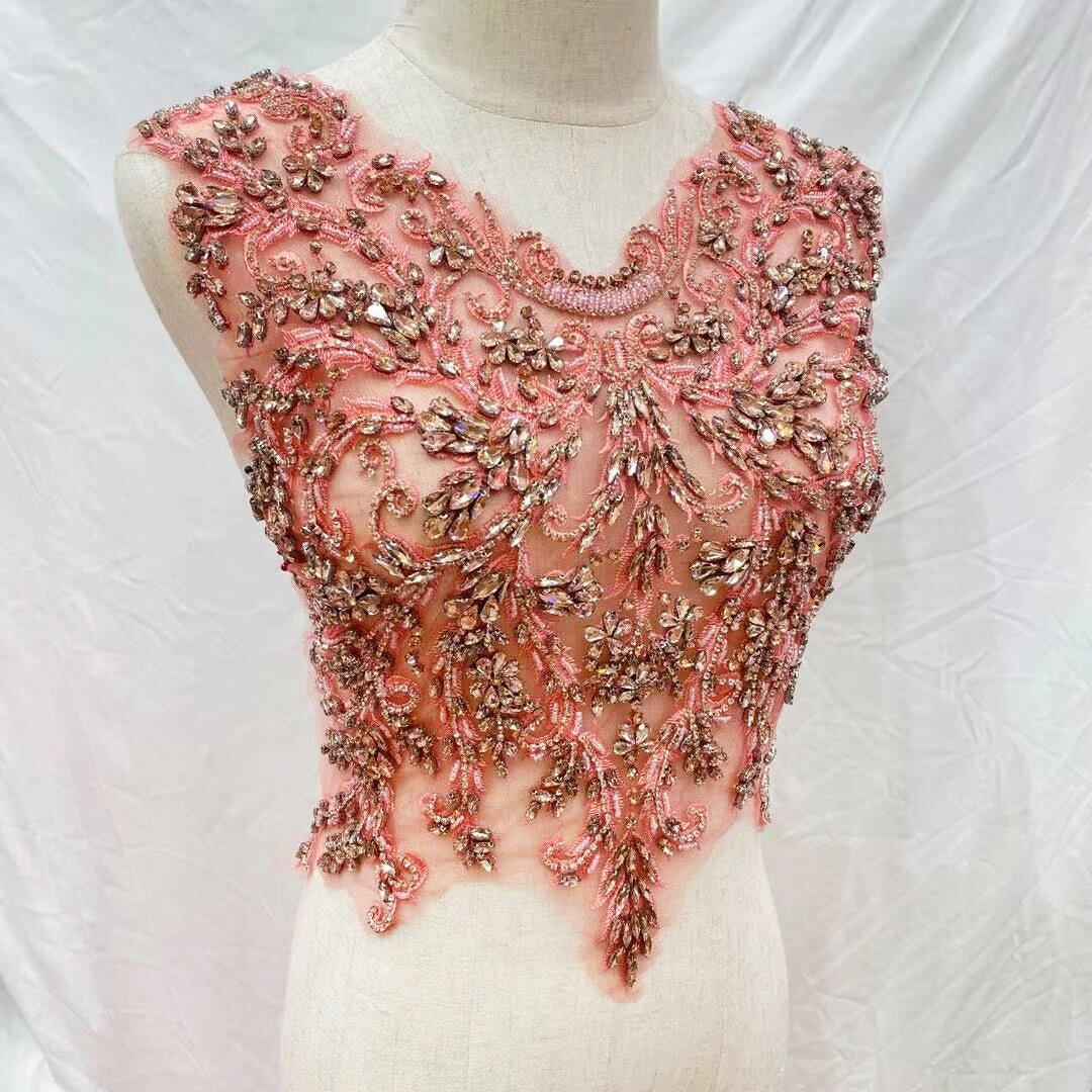 Brown Orange Bridal Wedding Party Rhinestone Beaded Glitter Full Body Applique - Classic Modern Fabrics