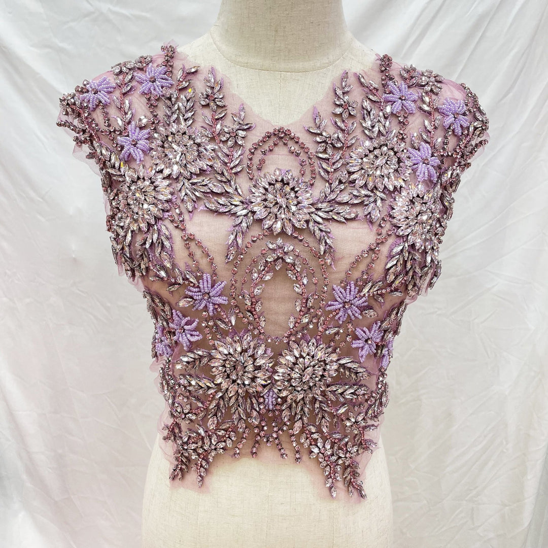 Purple Silver Bridal Wedding Party Rhinestone Beaded Glitter Full Body Applique - Classic Modern Fabrics