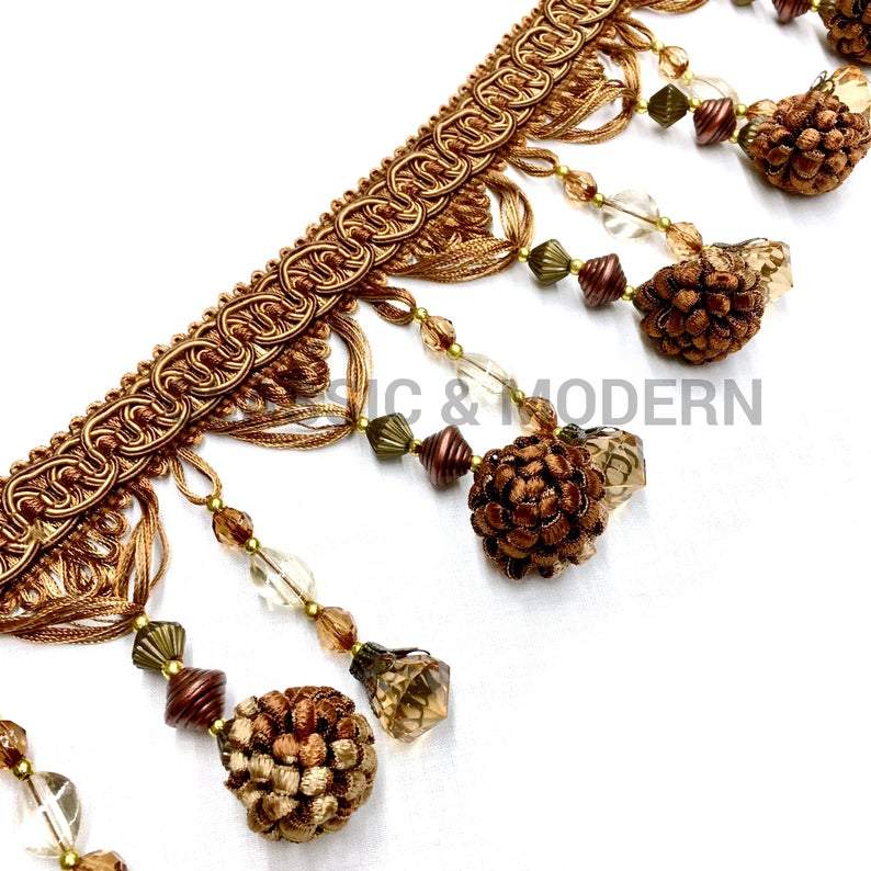 18 YARDS / Milan 4 1/2" Two Tone Beaded Tassel Fringe Trim Brown / By the bolt - Classic & Modern