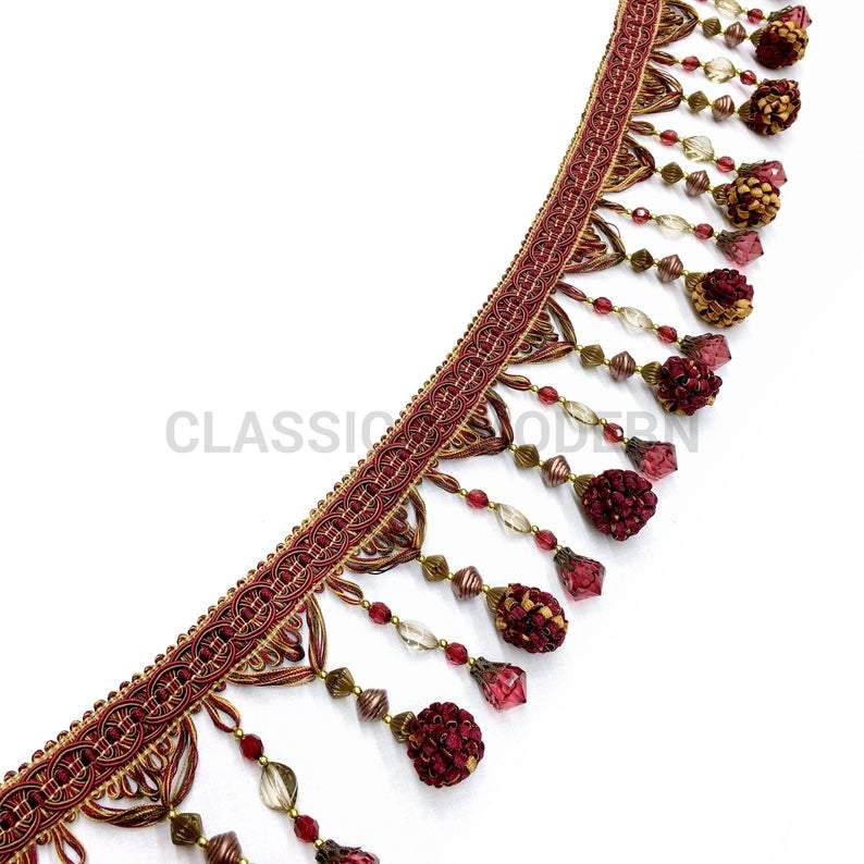 18 YARDS / Milan 4 1/2" Two Tone Beaded Tassel Fringe Trim Burgundy Red / By the bolt - Classic & Modern