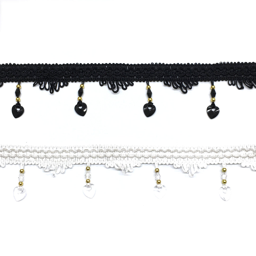 2 COLORS / Black White 2" Heart Shaped Beaded Tassel Fringe Trim / Drapery, Upholstery, Pillows, Dresses, Crafts, Home Decor / By The Yard - Classic & Modern