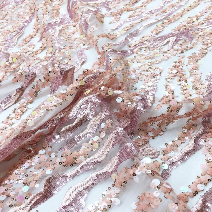 Pink Lucie Pink Blue Green Sequin Embroidery Beaded Mesh Lace / Fabric by the Yard - Classic Modern Fabrics