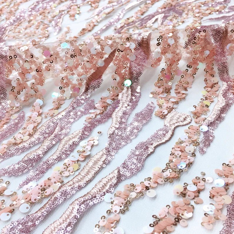 Pink Lucie Pink Blue Green Sequin Embroidery Beaded Mesh Lace / Fabric by the Yard - Classic Modern Fabrics