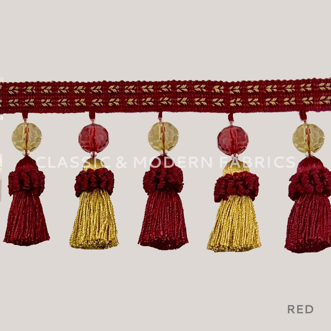 24 YARDS / RIO 3 1/2" Red Gold Beaded Tassel Fringe Trim / Drapery, Upholstery, Pillows, Home Decor / By The Bolt - Classic & Modern