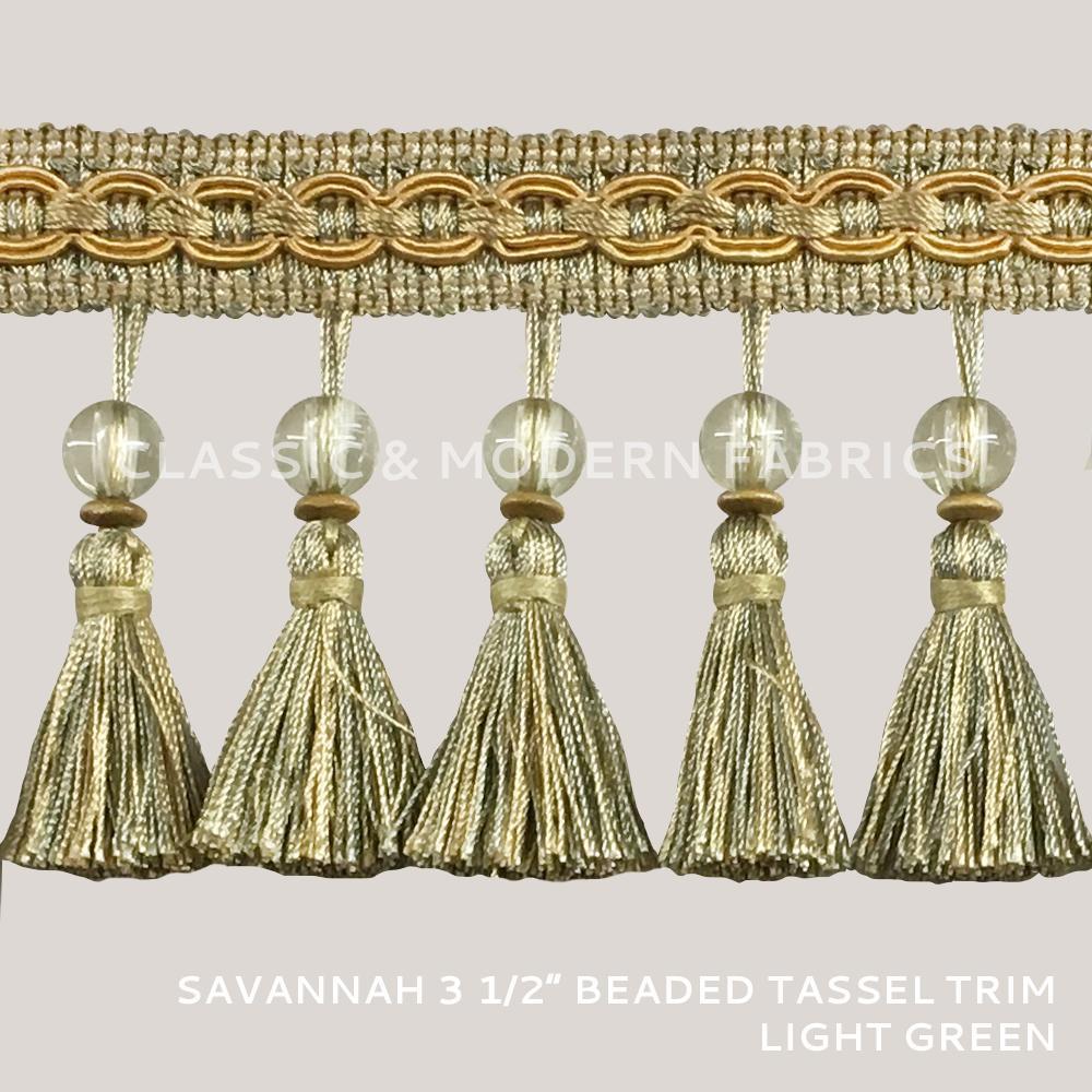 24 YARDS / SAVANNAH 3 1/2" Beaded Tassel Fringe Trim Green Gold / By the bolt - Classic & Modern