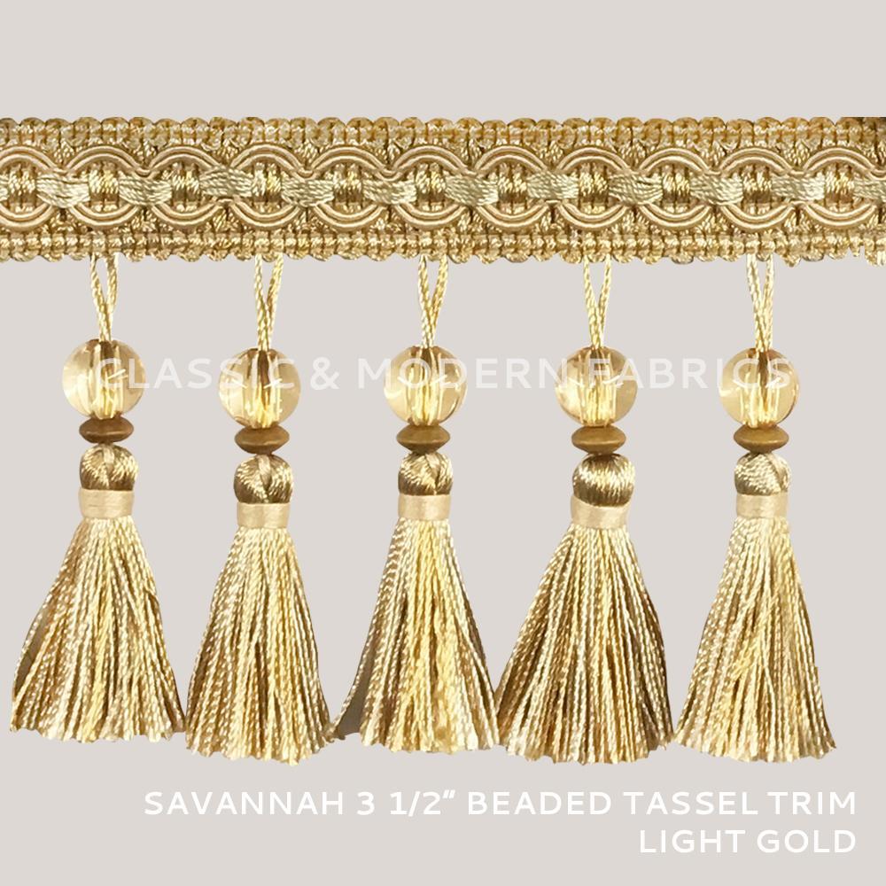24 YARDS / SAVANNAH 3 1/2" Beaded Tassel Fringe Trim Light Gold / By the bolt - Classic & Modern