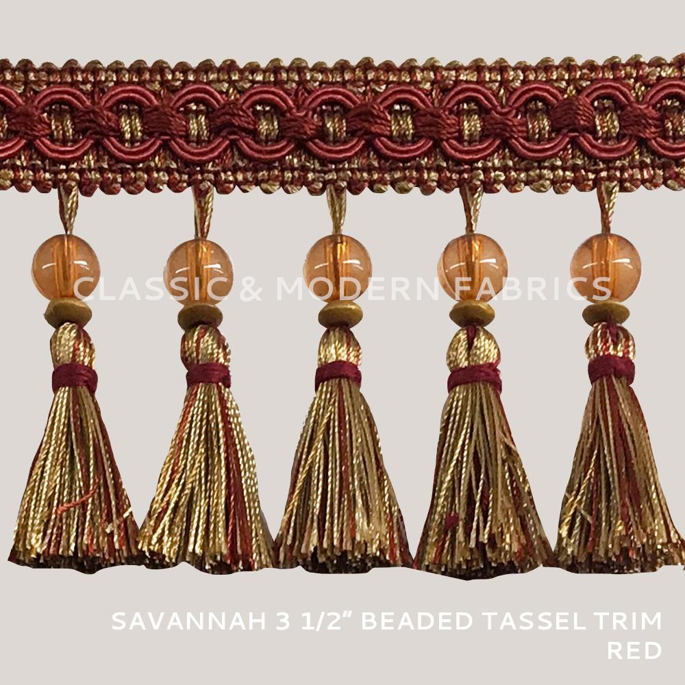 24 YARDS / SAVANNAH 3 1/2" Beaded Tassel Fringe Trim Red / By the bolt - Classic & Modern