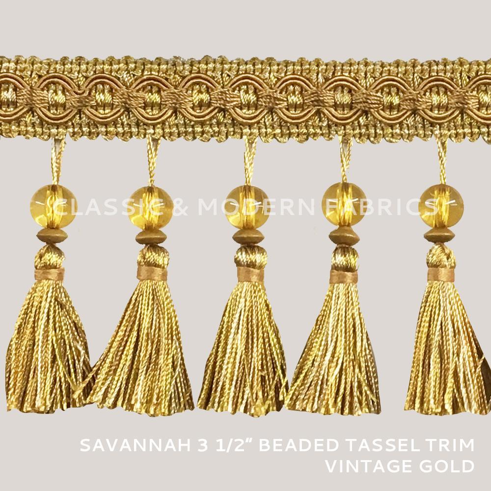 24 YARDS / SAVANNAH 3 1/2" Beaded Tassel Fringe Trim Vintage Gold / By the bolt - Classic & Modern