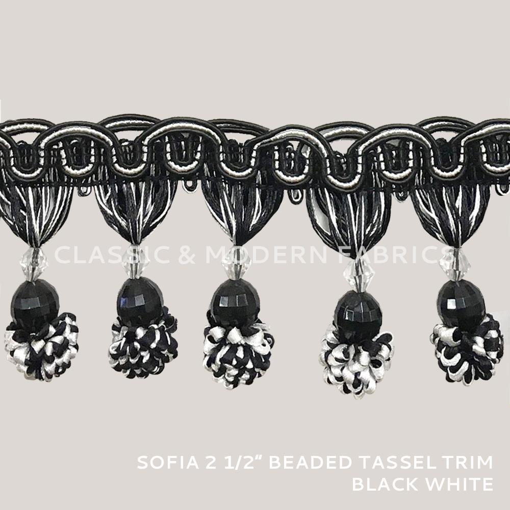 24 YARDS / SOFIA 2 1/2" Beaded Tassel Fringe Trim Black White / By the bolt - Classic & Modern