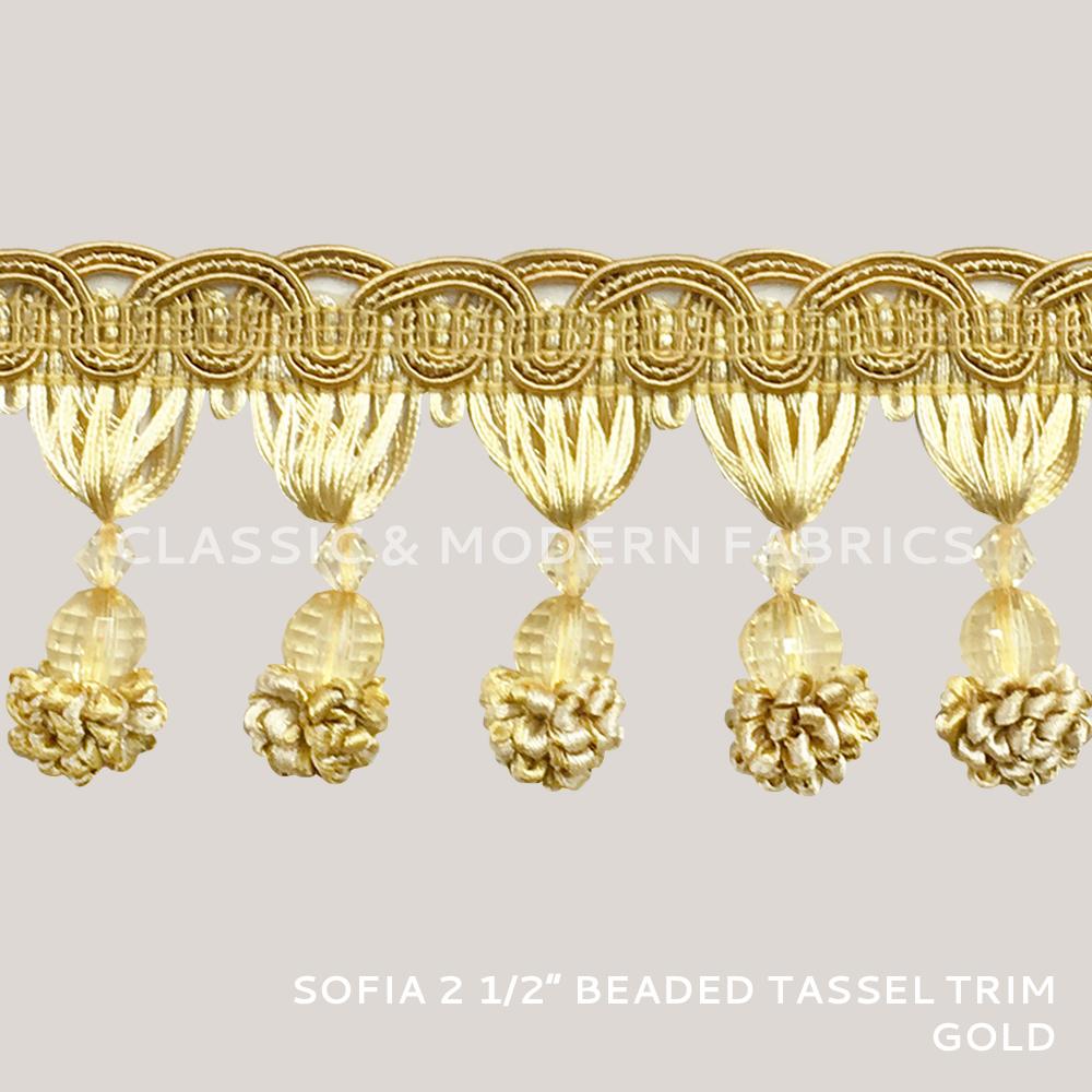 24 YARDS / SOFIA 2 1/2" Beaded Tassel Fringe Trim Gold / By the bolt - Classic & Modern