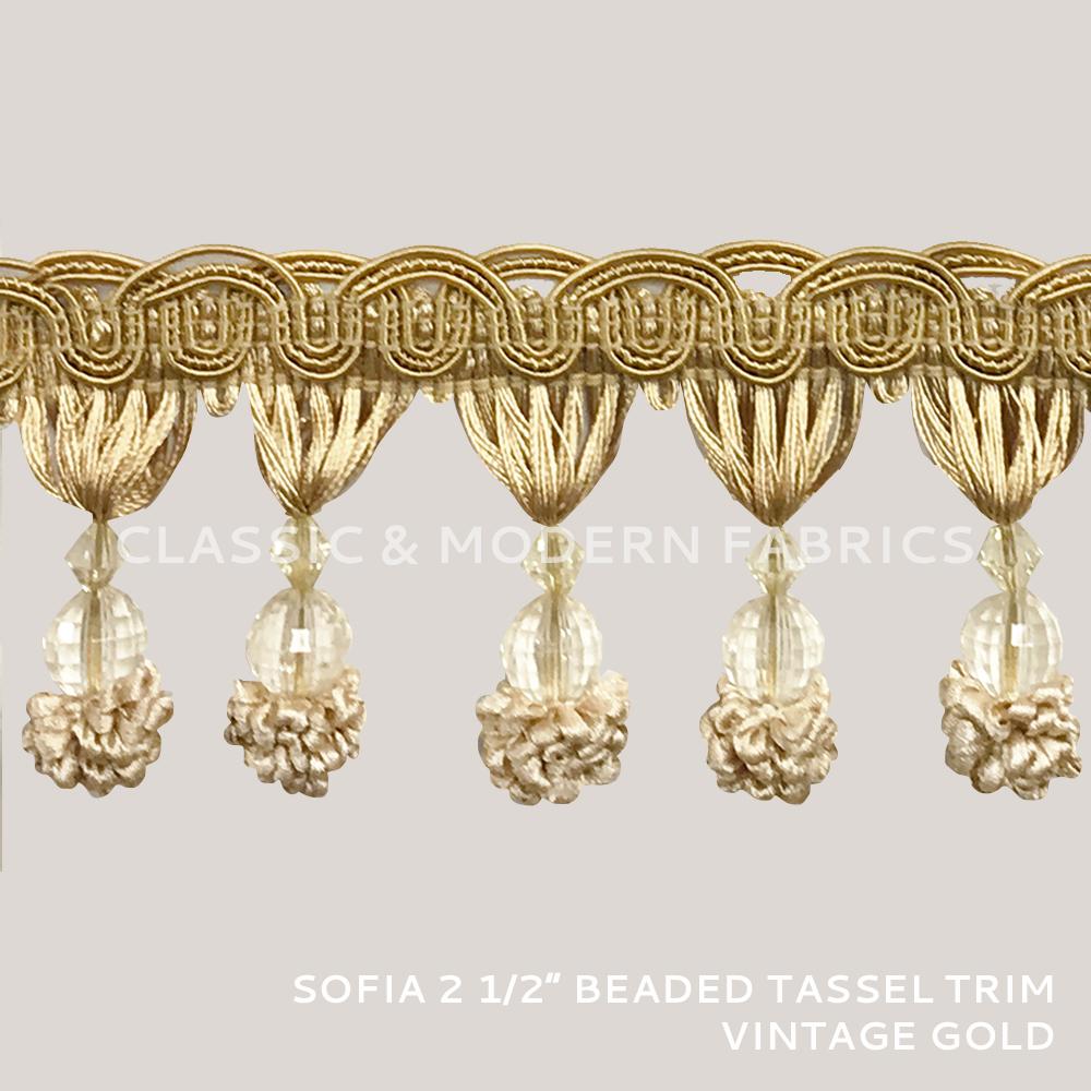 24 YARDS / SOFIA 2 1/2" Beaded Tassel Fringe Trim Vintage Gold / By the bolt - Classic & Modern