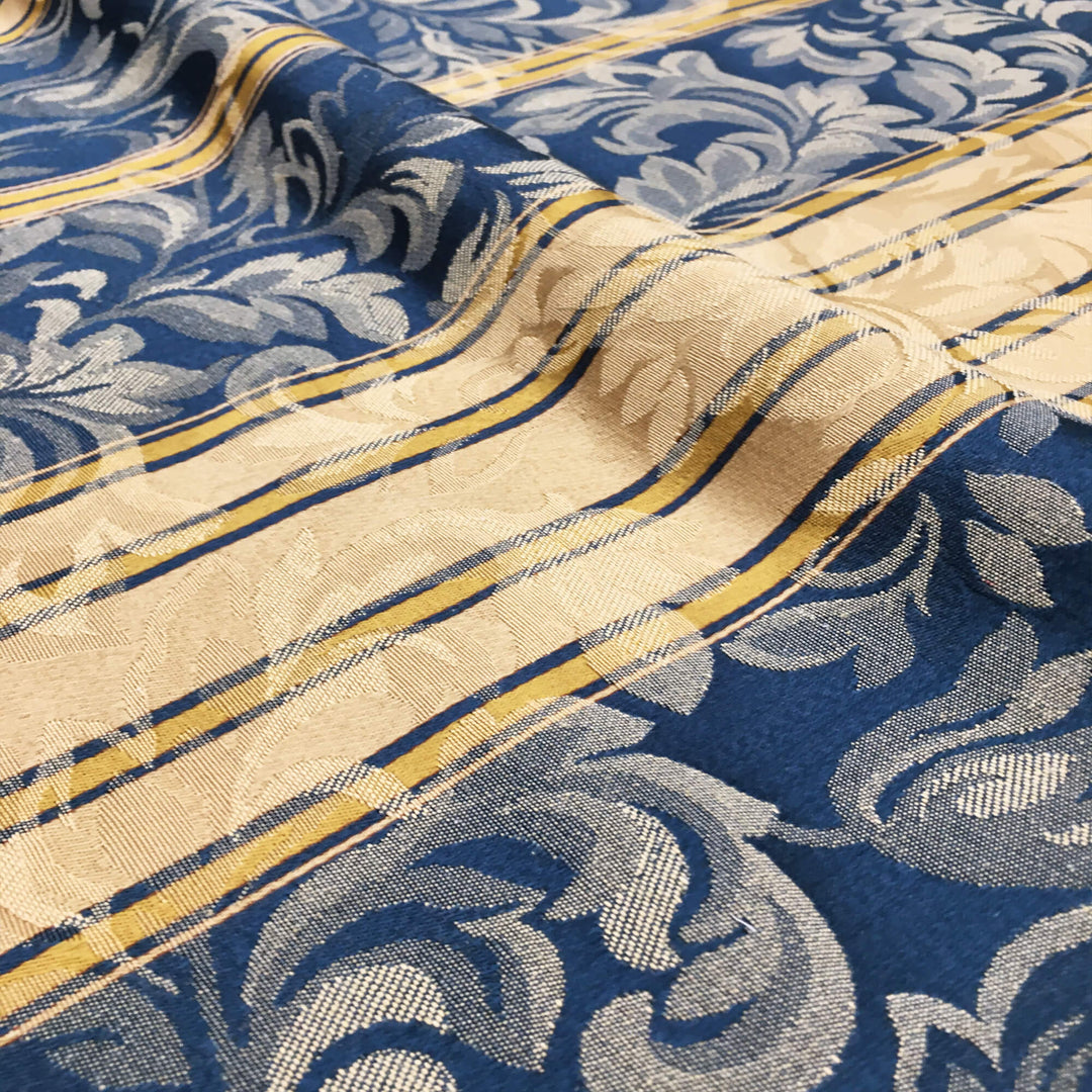 25 YARDS | Rustic Blue Yellow Damask Stripe Brocade Jacquard Fabric - Classic & Modern
