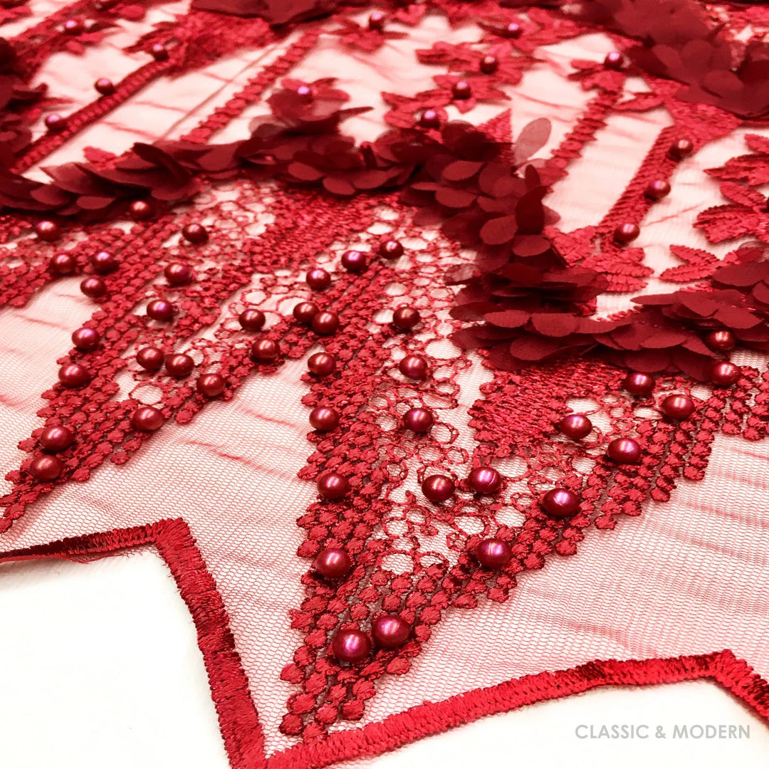 Cabaret Sequin Fabric - Stretch Mesh with Red Sequins and Fringe